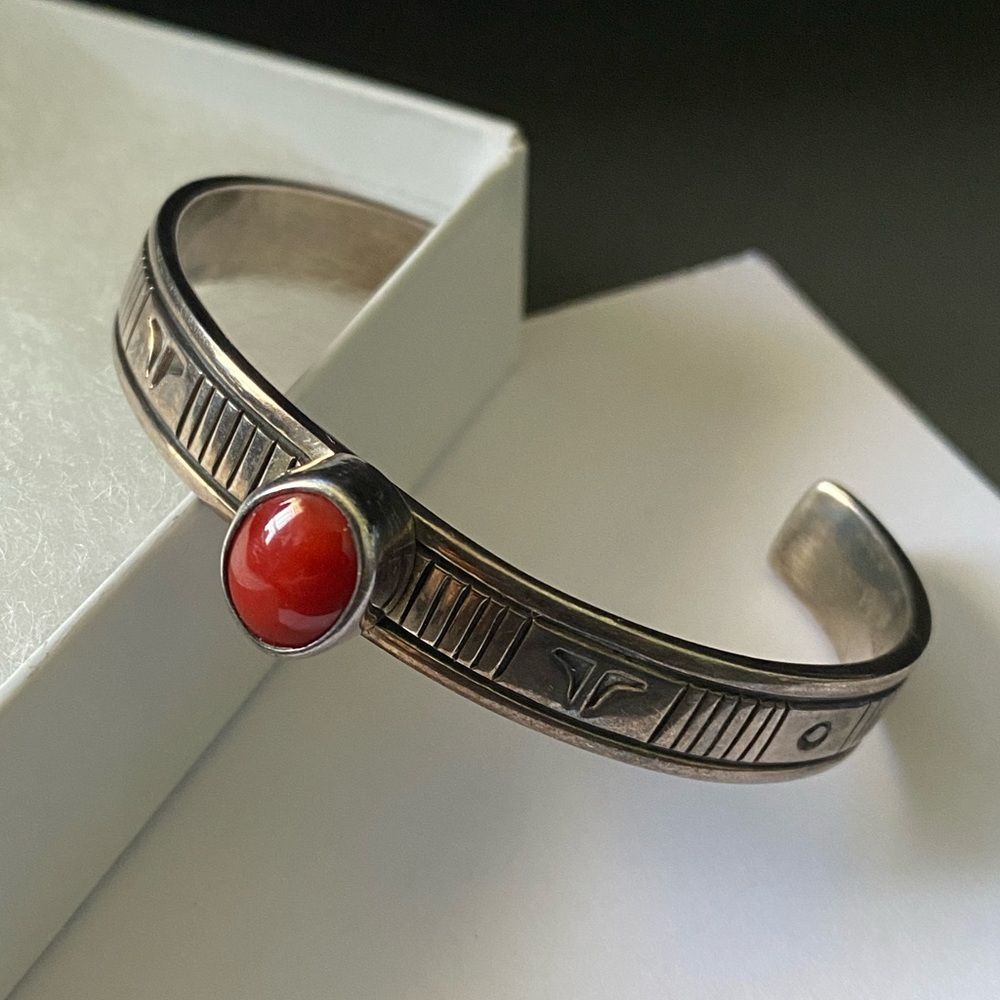 Charles Ortiz Navajo Artisan Sterling Silver Coral Cuff Bracelet